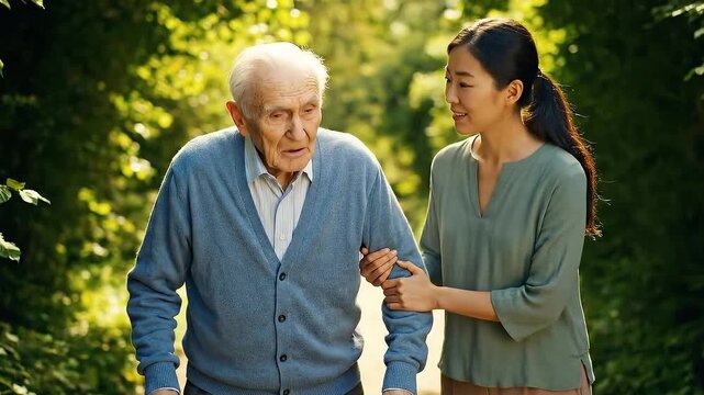 Senior Man Using Walker Supported by Caregiver in Sunny Green Park Elderly Assistance Rehabilitation and Mobility in Natural Outdoor Environment Promotion Medical Concept