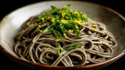 Delicious fresh soba noodles topped with vibrant green onions and yellow zest served in a rustic bowl against a dark background for culinary delight