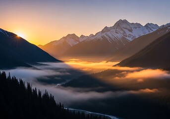 Sunrise over mountain valley with golden fog, river, snow peaks, and pine forest.