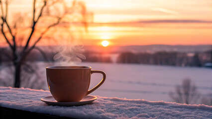 Steaming coffee on a snowy winter morning capturing the serene beauty of a sunrise, perfect for cozy lifestyle and holiday season promotions