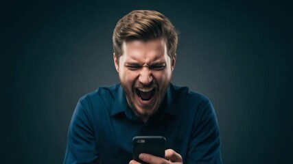 Caucasian young adult male experiences success, excitement, and joy. Celebration of emotion, intense reaction captured. Frustrated mans overwhelm, anger smartphone, struggle with technology - Powered by Adobe