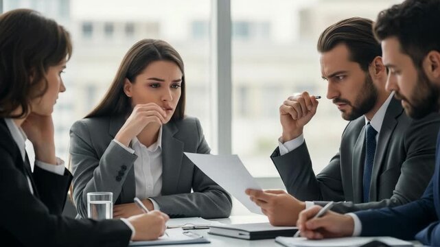 Business Professionals Face Worry, Concern, Stress, Frustration, Confusion, Difficult Challenges, Mistakes, Problems Seeking Solutions Collaborative Teamwork Analysis, Strategy, Finance