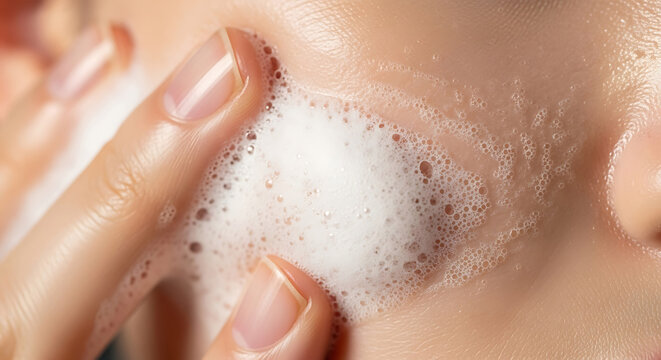 A close-up view of a person gently massaging a foamy cleanser onto their cheek, part of a daily skincare routine for healthy, clean skin