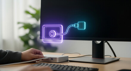 Computer setup with a mini pc and monitor, showing a holographic interface connecting a device, representing data transfer, connectivity, and modern office technology