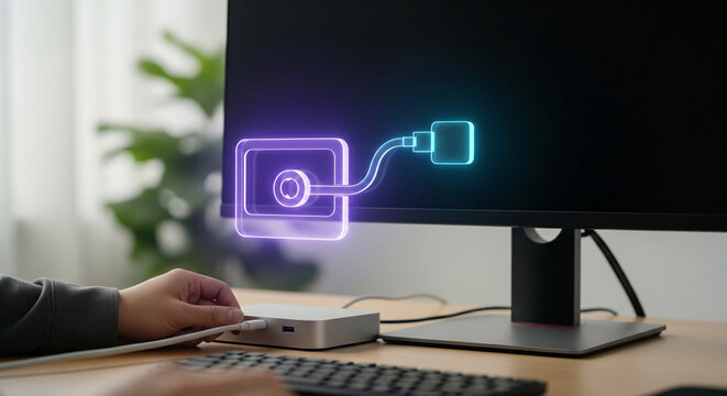 Computer setup with a mini pc and monitor, showing a holographic interface connecting a device, representing data transfer, connectivity, and modern office technology