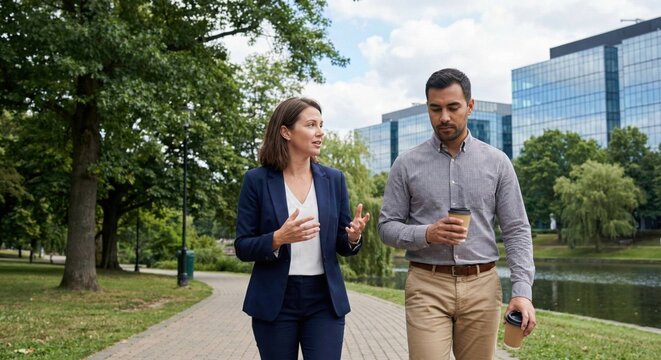 Business professionals strategizing outdoors with coffee during a walking meeting near modern office buildings surrounded by lush green landscape