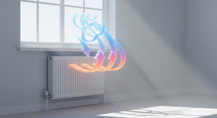 Radiator heating a room with visible warm air currents flowing upwards towards the window, representing energy efficiency and home comfort