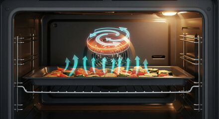 Inside view of a modern oven with a baking tray of food, showcasing a holographic fan icon and airflow arrows indicating convection cooking technology for even heat distribution and faster baking