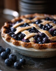 Freshly Baked Blueberry Pie With Lattice Crust Sitting on a Rustic Surface Surrounded by Fresh Blueberries