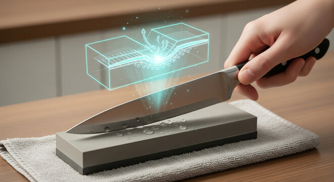 A hand sharpens a kitchen knife on a whetstone, with a futuristic holographic display showing the sharpening process and the knifes edge, representing precision and culinary skill