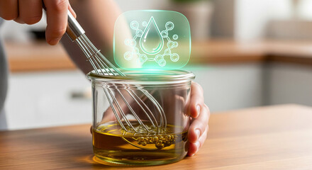 A person whisks oil in a glass jar, with a glowing icon of a water droplet and molecules above, symbolizing a healthy ingredient or a cooking process