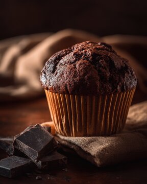 Delicious Chocolate Muffin with Dark Chocolate Chunks on a Rustic Wooden Table Surrounded by Natural Linens