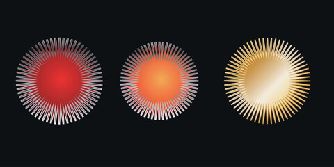 Fototapeta premium Three abstract circular shapes with radiating lines in red, orange, and gold against a dark background