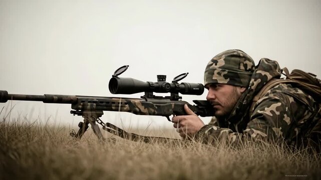 Wilderness Vigilance Hunters Camouflage Rifle Scope Focus Determination, Muted Outdoor Sky, Precision Shot Preparation, Tactical Gear Blending with Terrain, Intense Concentration, Skillful Patience