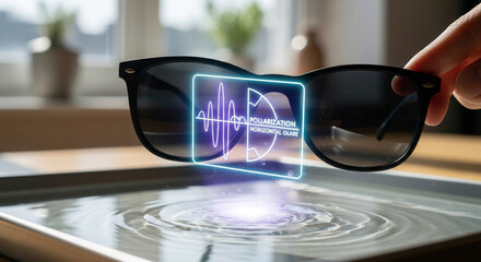 A hand holds stylish sunglasses, with a glowing neon holographic interface displaying sound waves and data, suggesting augmented reality or advanced audio technology