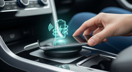Hand placing smartphone on a wireless charging pad inside a car, with a glowing battery icon indicating charging