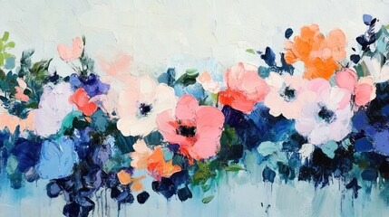 Fototapeta premium Colorful floral painting, abstract style, light blue background, home decor