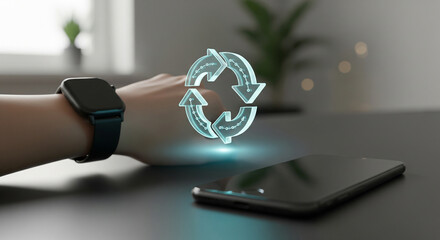 Hand wearing a smartwatch near a smartphone, with a glowing recycling symbol hovering above, representing sustainability and reuse