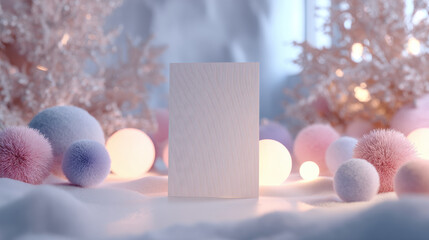 Blank card standing on soft fabric with pastel colored pom poms and glowing lights creating cozy atmosphere
