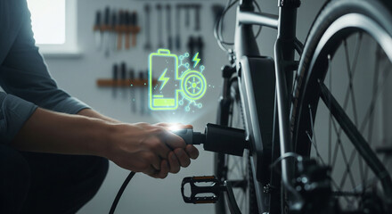 Person charging an electric bicycle with a plug, showing a glowing battery and power symbol hologram, representing sustainable transportation and energy