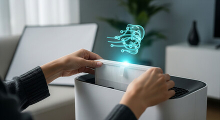 Person inserting a filter into an air purifier, with a glowing hologram of the devices internal mechanism above it, symbolizing clean air and health