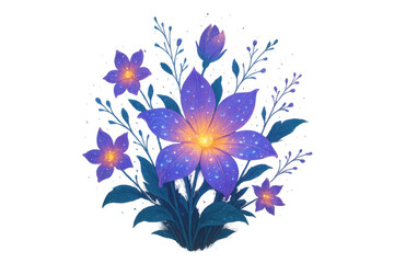 Glowing purple fantasy flowers with dew drops illuminating bioluminescent plants and leaves on transparent background