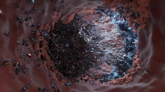 Bloodstream filled with synthetic chemicals, molecules swirling violently among red and white blood cells, vessel walls flare with microscopic lesions, small clots