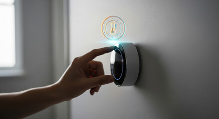 A persons hand adjusts a smart thermostat on a wall, with a glowing circular interface indicating temperature control and energy efficiency