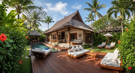 Obraz premium Luxury tropical villa with a private pool and lush garden oasis.