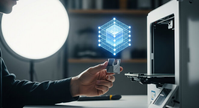 Person holding a 3d printed object near a 3d printer with a glowing digital cube hologram above it, representing innovation and technology in manufacturing and design - Powered by Adobe