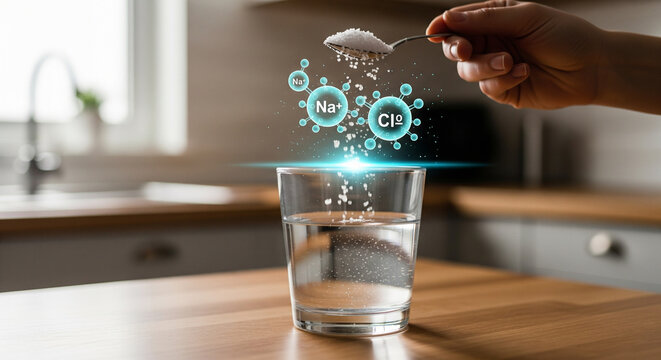 Spoonful of salt crystals, showing na and cl ions, being added to a glass of water, illustrating the chemical composition of salt and its dissolution