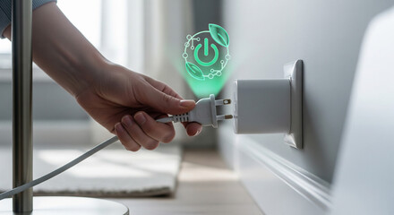 Hand unplugging a power cord from a wall socket with a glowing green icon of a power button and leaves symbolizing energy saving and ecofriendly electricity consumption