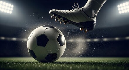 Dramatic soccer action foot about to kick ball in stadium