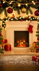 Cozy Christmas fireplace scene with festive decorations, glowing lights, and wrapped gifts, perfect for holiday celebrations