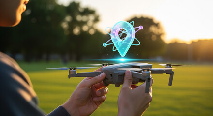 Closeup of a person holding a drone with a glowing blue holographic location pin symbol above it, symbolizing navigation, travel, and aerial technology