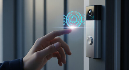 A finger touching a smart doorbell with a glowing blue holographic notification symbol, indicating a modern security and communication system for a home