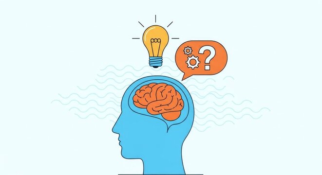 Human Head with Brain, Lightbulb, and Question Mark Bubble Representing Ideas and Problem Solving.