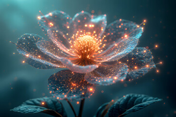 A surreal flower whose petals transform into a pattern of transparent circuits and glowing nodes, surrounded by a misty atmosphere. A soft gradient background that changes from emerald to sapphire.