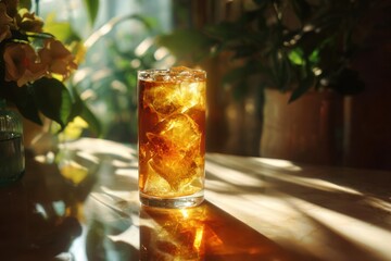 Refreshing iced beverage in a glass with sunlight pouring in through a window creating warm ambiance and vibrant shadows