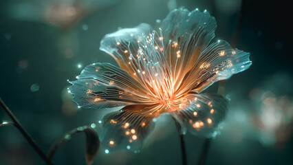A surreal flower whose petals transform into a pattern of transparent circuits and glowing nodes, surrounded by a misty atmosphere. A soft gradient background that changes from emerald to sapphire.