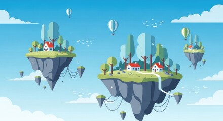 Magical fantasy world with floating islands in a blue sky.