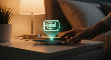 Placing a smartphone on a wireless charging pad at night, signifying convenient battery charging and modern mobile device power solutions