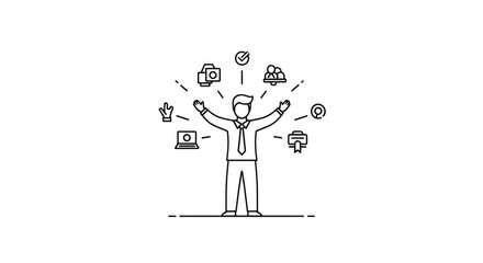 Man juggling icons representing various aspects of life and work.