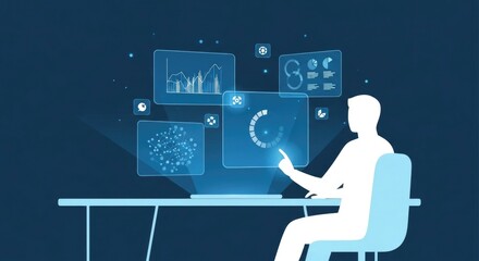 Man Interacting with Futuristic Digital Interface and Data Visualization.