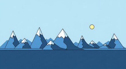 Minimalist mountain range illustration with snow-capped peaks and a serene blue sky.