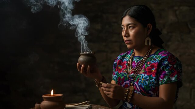 Indigenous Womans Spiritual Ritual Traditional Attire, Clay Pot Offering, Purification Ceremony, Mayan Spirituality Meditation, Cultural Significance Unveiled
