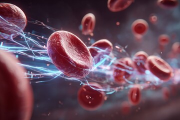 Dynamic Representation of Red Blood Cells in Motion with Energy Streams Illustrating Vital Circulation Process