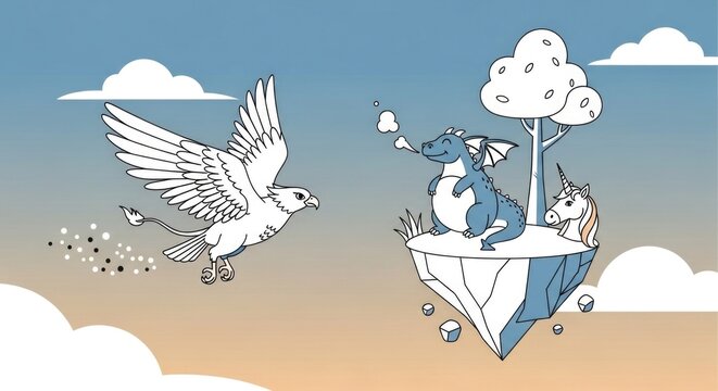 Mythical griffin flying towards a dragon on a floating island in the sky. - Powered by Adobe