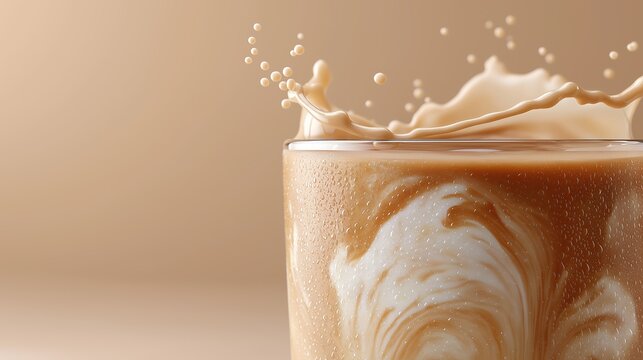 A close-up of iced coffee with swirling milk captures a dynamic splash moment and rich beverage texture. The image emphasizes drink freshness, creamy detail, and appetizing visual appeal