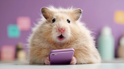 A fluffy beige hamster holds a smartphone while displaying a surprised expression. The humorous pet-centric composition supports playful digital lifestyle, meme, and social content